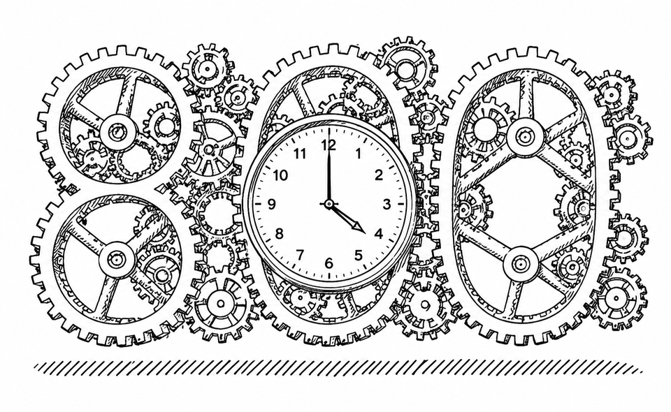 800 spelled out in clockwork gears with a clock face